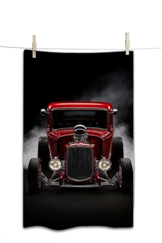 3D Model Red Retro Car Bath Towel 15X30 Inch Washcloths Hot Rod with Smoke Cool Face/Body/Hair/Hand Towel for Spa Gym Yoga Swim Bathroom Kitchen Hotel - color: 3d Model Red Retro Car