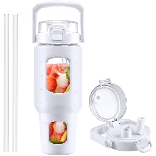 BLUEGO 40 oz Glass Water Bottle with Straw, Leakproof and Time Marker, Wide Mouth for Travel, Gym and Workout, White - color: White, size: 40 Ounces