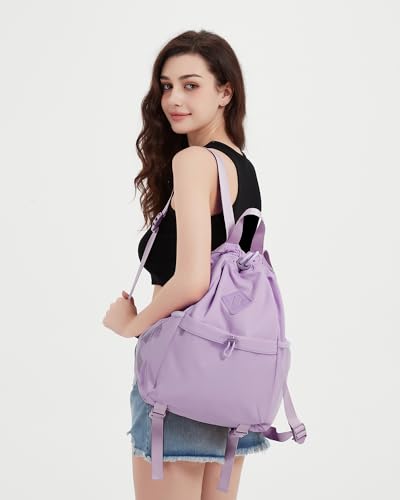 WANDF Drawstring Backpack for Women, Lightweight Gym Bag with Yoga Mat Strap, Water-Resistant String Backpack with Mesh Pocket (Purple, Patent Pending) - color: Purple