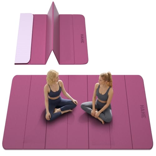 HAHE Extra Wide Folding Exercise Mat 75"x40"x0.4" TPE Fitness Mat | High Density Foldable Yoga Mat, Non-Slip Yoga Mat for Home Gym, Strength Training, Travel, 7-Fold Portable for Women, Men - color: Deep Pink & Light Pink