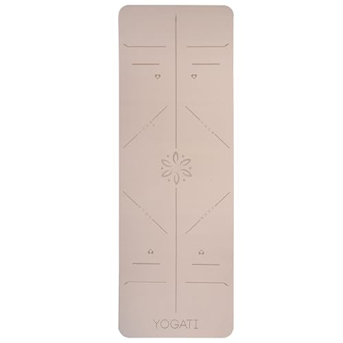YOGATI® 정렬 라인이 있는 스트랩이 달린 요가 매트. 여성, 남성 및 아동용 홈 운동 매트. 필라테스와 피트니스를 위한 두꺼운 미끄럼 방지 요가 매트. 브라운, 핑크 및 퍼플 요가 매트 - color: 브라운.