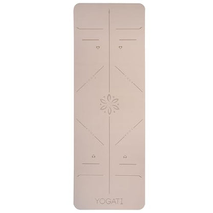 YOGATI® 정렬 라인이 있는 스트랩이 달린 요가 매트. 여성, 남성 및 아동용 홈 운동 매트. 필라테스와 피트니스를 위한 두꺼운 미끄럼 방지 요가 매트. 브라운, 핑크 및 퍼플 요가 매트 - color: 브라운.