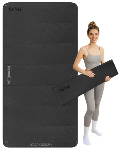 Foldable Yoga Mat 74"x47.2"x 0.4" – Large Yoga Mat | Non-slip, thick 0.4" cushion for comfort, odor-free TPE, for stretching/home gym/outdoor, easy store & carry - color: Black