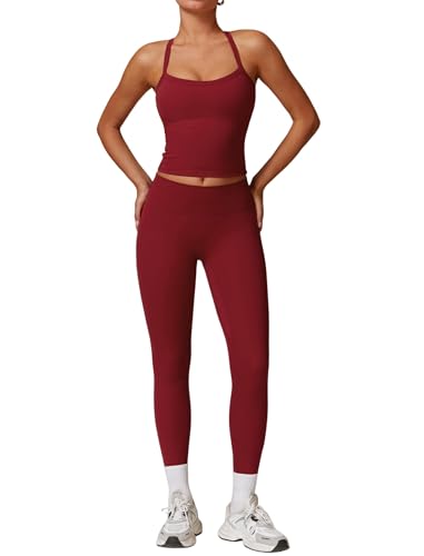 QBGJTD Womens Workout Sets Two Piece Cross Back Tank Top Matching High Waist Leggings Sets Gym Outfits Work Out Clothes - color: Burgundy, size: X-Small