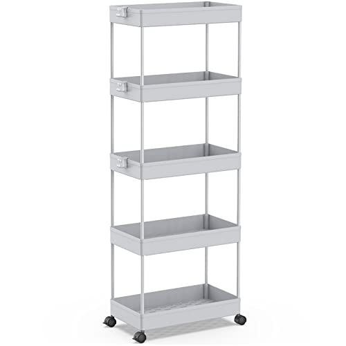 SPACEKEEPER 5 Tier Storage Rolling Cart, Bathroom Cart with Wheels, Gray - color: Grey, size: 5 Tier
