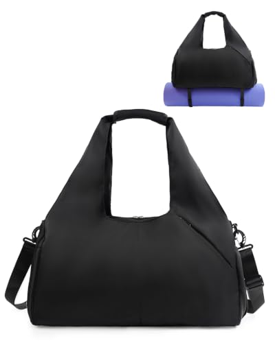 RHDZO Gym Bag for Women with Shoe and Wet Compartments, Yoga Mat Holder | Travel Duffel Bag with Water Bottle Holder, Weekend Overnight Bag for Workout Sport Dance Pilate, Detachable Shoulder Strap - color: Black