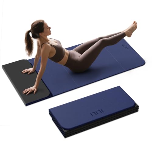 ILILI Foldable Yoga Mat 10mm, Extra Thick, Extra Long, 75x26x0.4 Inch, TPE | Non-Slip Grip, Easy Carry&Storage, Comfort Cushion, SGS Safe, Suitable for Yoga, Pilates, Home Exercise&Outdoor Travel - color: Navy Blue+Black