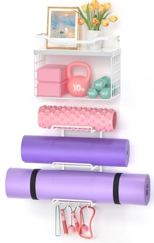 LIDTOP Yoga Mat Holder White, Wall Mount Yoga Accessory Mats Storage Rack, Home Gym Accessories Organizer Storage with Wood Floating Shelves, 4 Hooks Hanging Yoga Strap & Resistance Bands - color: Full White