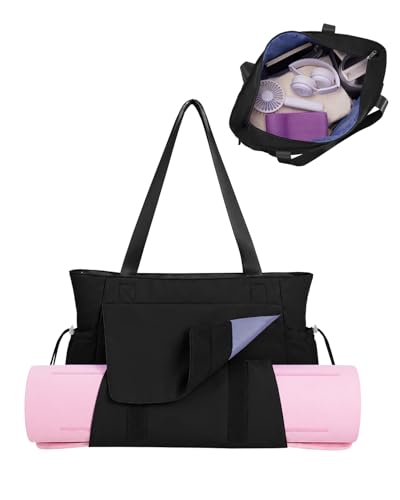 sportsnew Yoga Mat Bag Waterproof Tote Gym Bag Mat Carrier W/Wet Pocket | hook-and-loop mat holder 5s quick access, 40oz handled bottle pocket, wet bag, lightweight waterproof, drawstring pockets,19L - color: Deep Black