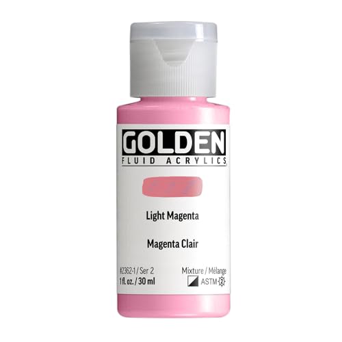 GOLDEN Fluid Acrylics, Light Magenta, 1 fl. oz. Bottle | Artist grade acrylic paint with rich pigment load and a flowing constency useful for even coverage and fine details.