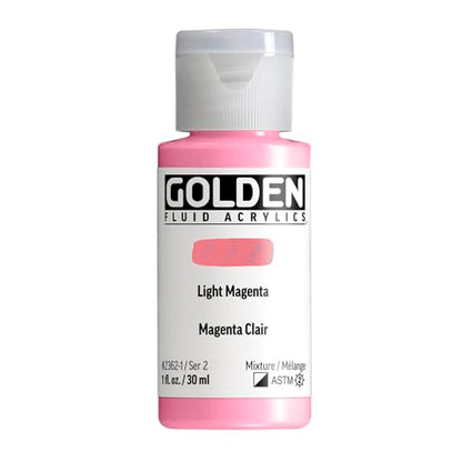GOLDEN Fluid Acrylics, Light Magenta, 1 fl. oz. Bottle | Artist grade acrylic paint with rich pigment load and a flowing constency useful for even coverage and fine details.