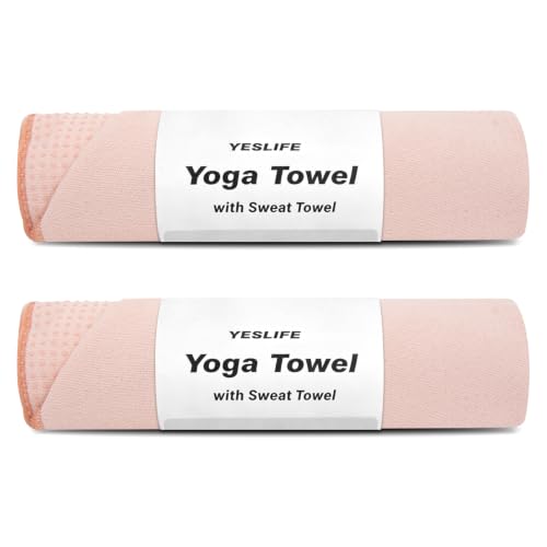 YESLIFE 2-Pack Non-Slip Extra Thick Hot Yoga Towel with Sweat Towel, Microfiber Sweat Absorbent Yoga Mat Towel with Grip Dot, Pilates Mat, 72" x 24", Pink - color: 2 Pink