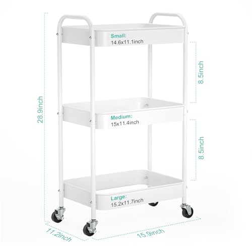 3-Tier Rolling Cart, Metal Utility Storage Carts with Wheels,White | Multi-Functional Organizer Snack Cart Easy Assembly - color: White