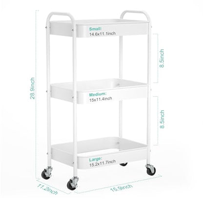 3-Tier Rolling Cart, Metal Utility Storage Carts with Wheels,White | Multi-Functional Organizer Snack Cart Easy Assembly - color: White