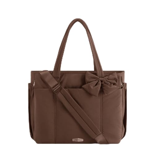 BAGSMART Crush Bow Tote Bag for Women, Puffer Travel Work Yoga Laptop Bag | Large Bow Tote Fits 40oz Tumbler, 15.6" Laptop, Yoga Mat Sleeve, Waterproof Pocket, Travel Work Swim Gym Mom Shoulder Handbag - color: Cocoa Brown, size: 20L-Large