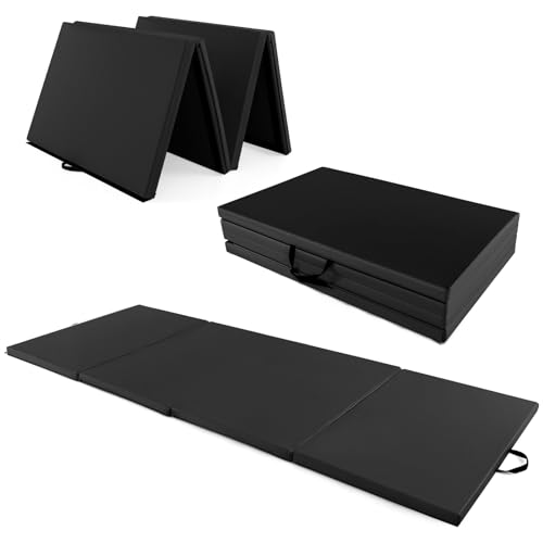 Giantex 4'x10'x 2" Gymnastics Mat, 4-Panel Folding Aerobics Exercise Mat w/Hook & Loop Fastener, Carrying Handle, Portable Tumbling Mat for Stretching Yoga Cheerleading Martial Arts - color: Black