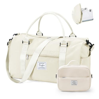 Gym Bag Womens with Shoes Compartment Travel Duffel Bag Cream White - color: B15-Off White+Toiletry Bag