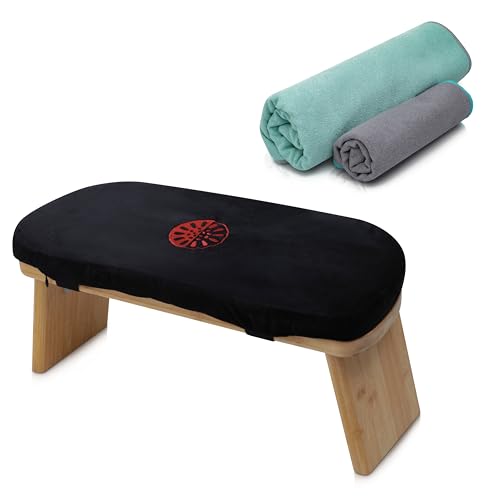 Yoga Dood Meditation Bench & Towel Bundle - Bamboo Seiza Bench with Cushioned Kneeling Seat for Comfort - Foldable Prayer Stool for Mindful Practice & Breathwork