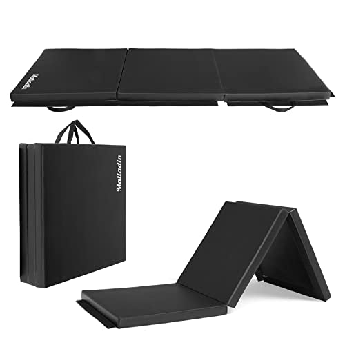 Matladin 6' Folding Tri-fold Gymnastics Gym Exercise Aerobics Mat, 6ft x 2ft x 2in PU Leather Tumbling Mats with Hook & Loop Fastener for Stretching Yoga Cheerleading Martial Arts - color: Black