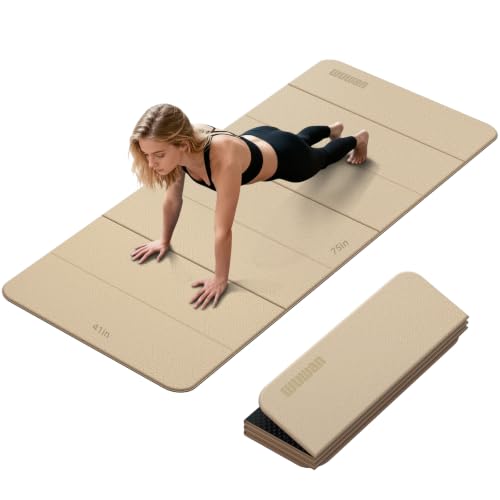 Foldable TPE Yoga Mat Thick 10mm,75" x40"Extra Large Exercise Mats | Stretch Mat Non-slip Fitness Folding Mat Easy to Carry,Wide Gym Mats for Women Men Suitable for Home Workout Travel Pilates - color: Beige