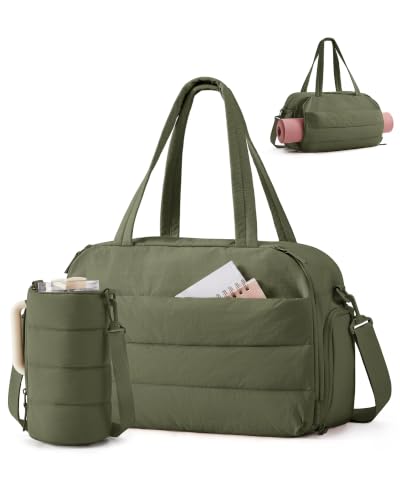 BAGSMART 2 Set Gym Bag for Women, Yoga Bag with Water Bottle Holder | For yoga travel sports dance, 25L pilates bag, overnight duffle bag - color: Green, style: Puffer Crossbody