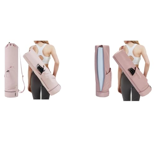 sportsnew Yoga Mat Bag Drawstring Pocket-Full Zip Cargo Yoga Mat Carrier Bag with Water Bottle Pocket and Bottom Wet Pocket Exercise Yoga Mat Carrier Multi-Functional Storage Bag, Pink & Pink