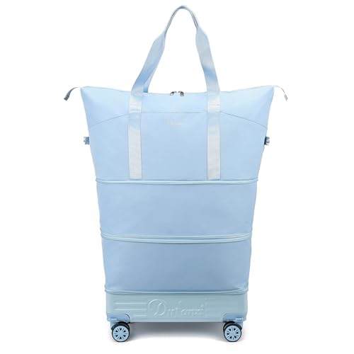 Expandable Rolling Travel Bag with Removable Wheels & Handle, Large Capacity Wheeled Duffle Tote, Foldable Carry On Luggage for Women, Lightweight Weekender Overnight Bag (LightBlue) - color: LightBlue