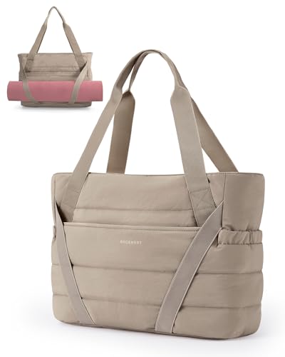 BAGSMART Tote Bag for Women with Zipper and Yoga Mat Straps - color: Camel