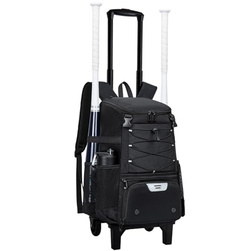 KAVIGOR 2-in-1 Rolling Baseball & Softball Bag, Detachable Backpack, Roll or Carry, Dual-Pole Anti-Tip, 3.5" Wheels, No Tools Setup - color: Black