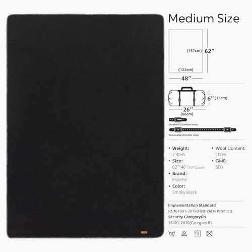 Molithe 100% Wool Blanket, 62" x 48", Warm, Thick, Military, Camping Gear - color: Smoky Black, size: Medium