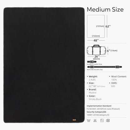 Molithe 100% Wool Blanket, 62" x 48", Warm, Thick, Military, Camping Gear - color: Smoky Black, size: Medium