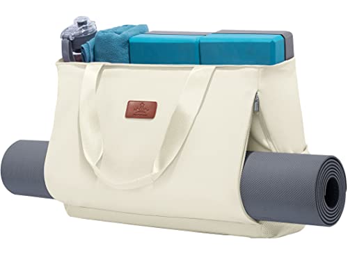 Heathyoga Multi-Functional Yoga Mat Carrier Gym Tote Bag - Large Mat Pocket, Women's Workout Bag - color: Zipper-Beige