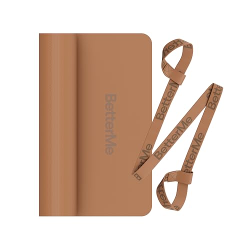 BetterMe Yoga Mat - Non-Slip Exercise Mat for Women - Cushioned Pilates Mat for Home Workouts, Stretching & Hot Yoga - Portable Fitness Mat with Strap - color: Mocha