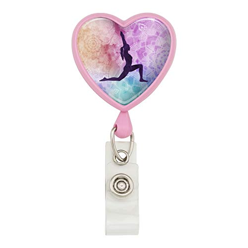 High Lunge Crescent Variation Yoga Pose Heart Lanyard Retractable Reel Badge ID Card Holder - color: Pink