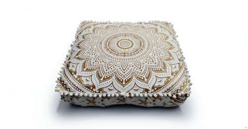 Gold Mandala Barmeri Large Floor Pillow Cover Cushion Meditation Seating Ottoman Throw Cover Hippie Decorative Zipped Bohemian Pouf Ottoman Poufs, Pom Pom Pillow Cases (White Gold, 24" Square) - color: White Gold, size: 24"D x 24"W x 24"H