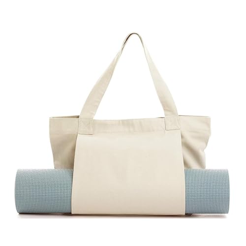 KIGI Canvas Tote Bag with YOGA Mat Carrier Pocket for Gym, Pilates, Workout, Beach and Office - color: Beige