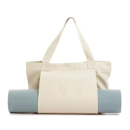 KIGI Canvas Tote Bag with YOGA Mat Carrier Pocket for Gym, Pilates, Workout, Beach and Office - color: Beige