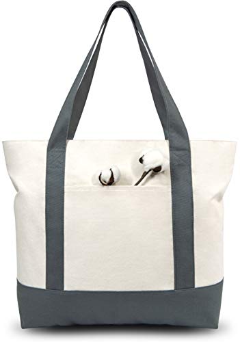 TOPDesign 1-Pack Canvas Tote Bag with an External Pocket, Reusable Grocery Shopping Bag, Top Zipper Closure, Daily Essentials (Grey/Natural) - color: Grey/Natural