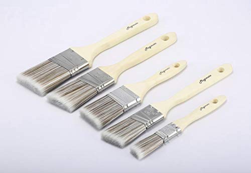 Magimate Wood Paint Brush Set, Angled Flat Assorted Stain Brushes Pack of 5 | Variety paint brushes 1.5" 2" 2.5" angled + 1" 2" flat; for baseboards fence window frame cabinet wood stain & wall touch-ups