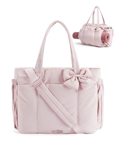 BAGSMART Crush Bow Tote Bag for Women, Puffer Travel Work Yoga Laptop Bag | Large Bow Tote Fits 40oz Tumbler, 15.6" Laptop, Yoga Mat Sleeve, Waterproof Pocket, Travel Work Swim Gym Mom Shoulder Handbag - color: Candy Pink, size: 20L-Large