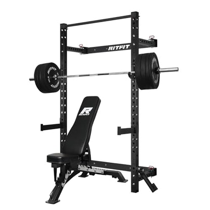 RitFit 2.36'' x 2.36'' Folding Squat Rack for Home Gym, Wall Mounted Squat Rack with Attachments - Space Saving Squat Power Rack - color: Black, style: Folding Squat Rack with RP230LBS