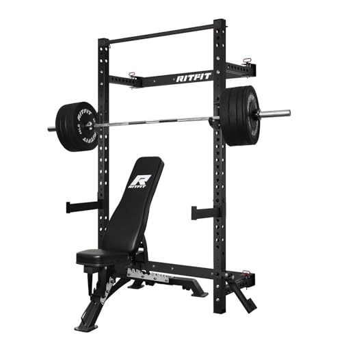 RitFit 2.36'' x 2.36'' Folding Squat Rack for Home Gym, Wall Mounted Squat Rack with Attachments - Space Saving Squat Power Rack - color: Black, style: Folding Squat Rack with RP230LBS