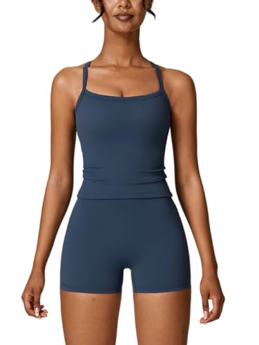 ABOCIW 2 Pieces Workout Sets for Women, Cross Back Tank Top Matching High Waist Biker Shorts, Gym Yoga Pilates Outfits - color: Navy Blue, size: Medium