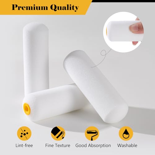 Mister Rui Mini Foam Paint Rollers, 4 Inch Paint Rollers 10 Pack | High Density Small Paint Roller Refills 4 Inch, High Absorption Sponge Paint Roller for Painting Wall, Trim, Touch-ups, Doors