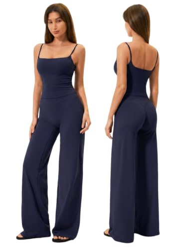 Womens Two Piece Workout Sets Spaghetti Straps Crop Top Matching Straight Leg Pants Gym Yoga Pilates Outfits - color: True Blue, size: Large