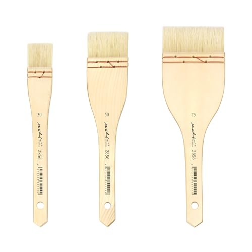 XDT#2856 Hake Paint Brush Set, 3Pcs Flat Hog Bristle Wash Brushes (0.98", 1.77", 2.64") for Watercolor, Pottery Glaze, Encaustic, Gesso, and Large Area Painting - size: 3Pc Hog Bristle