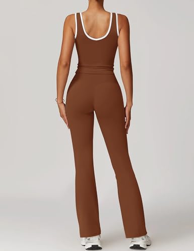 Womens Workout Sets 2 Piece Flare Leggings Contrast Top - color: Chocolate, size: Small