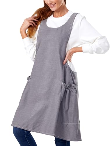 Cozy Adjustable Cross Back Aprons for Women with Pockets Cotton Linen Cooking Kitchen Baking - color: Smooth Grey