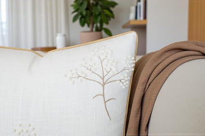Rudransha Hand Embroidered Bahara Bloom Decorative Square Accent Throw Pillowcase - Decor for Bedroom, Sofa, Chair, Patio, Car, Balcony, Bench, Porch, Living Room, Office - 20x20 Inches, Ivory