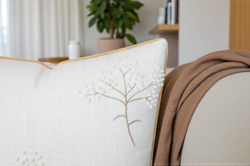 Rudransha Hand Embroidered Bahara Bloom Decorative Square Accent Throw Pillowcase - Decor for Bedroom, Sofa, Chair, Patio, Car, Balcony, Bench, Porch, Living Room, Office - 20x20 Inches, Ivory